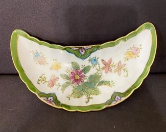 Vintage porcelain hand painted bone dish marked LJ with foil stamp. $14