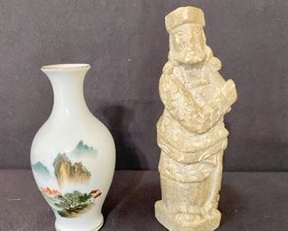 Pair of Asian collectibles, hand painted bud vase and stone carving. $18