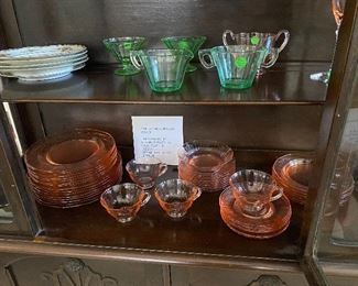 Pink, green and yellow depression glass