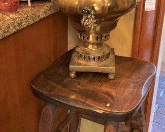 Brass Russian samovar; wooden stool