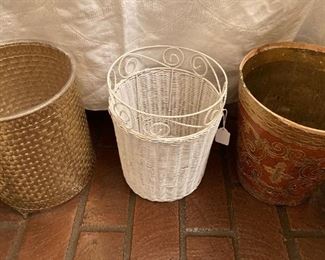 Gold, white wicker, and Florentine waste baskets