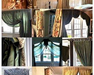 We have a fabulous group of curtains and bed dressings. They are not hanging, but are carefully packed. Rods and accessories are included. These photos show them as they were previously hung.