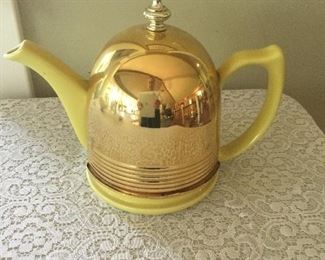 Hall China yellow deco teapot with aluminum cozy 