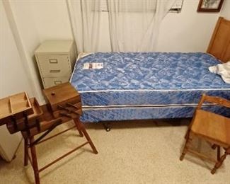 Twin bed, new Mattress, file cabinet, chest of drawers, fold out sewing box