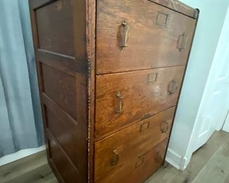 Antiques chest of drawers: 51.5” tall x 26” wide x 33.5” (originally a NY library filing cabinet) - $300
