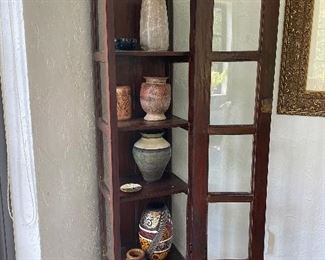 Wood and glass display cabinet: 75” tall x 16” wide x 14” deep - $125.0