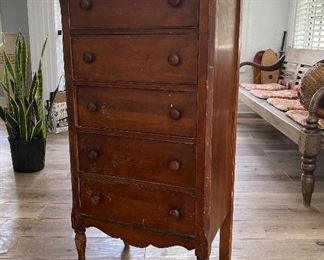 Antique chest of drawers: 44” tall x 21” wide x 16” deep  $100