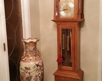 Emperor walnut grandfather clock and large oriental vase