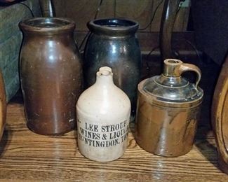 Various stoneware pieces including a rare Lee Stroup of Huntingdon, TN liquor jug