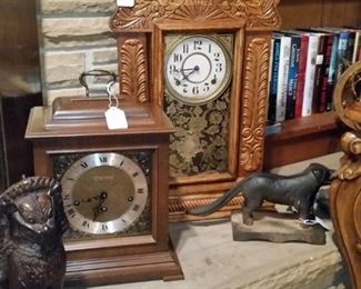 Gingerbread clock, shelf clock, and cast iron dog nutcracker