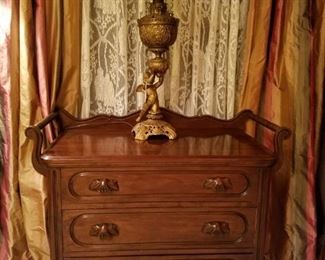 Lillian Russell three drawer chest and vintage brass lamp