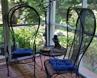 Pair of Russell Woodard wrought iron canopy/hooded chairs and side table.  [All  cushions sold separately]