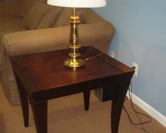Lower Level: Finish off your look with this tapered-leg end table and a STIFFEL brass table lamp.
