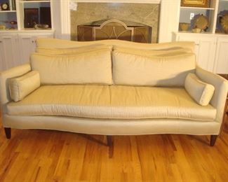 Family Room: Great curves! This neutral “SWAIM” DESIGN sofa measures 88 inches long and is like new! This sofa has a tight back with four detached back cushions and two toss/side pillows.