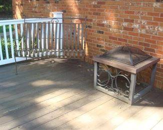 Deck: This metal, slat-back/seat settee is 51 inches wide; and, for that cooler weather, a 28 inch square fire pit can also be yours!