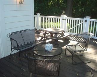 Deck:  Don’t miss the deck! This quality seating arrangement consists of two WOODWARD spring-back patio chairs, a WOODWARD  metal/mesh settee, 43 inches wide, and WOODWARD 30 inch round metal/mesh patio table.