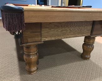 Lower Level:  This is a side view of the pool table, one of the pockets,  and two of the legs.