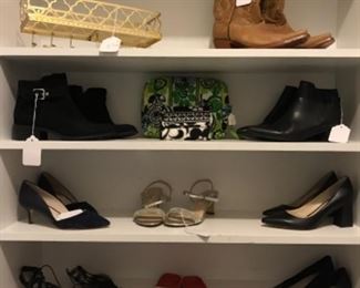 Master Bedroom-Closet:  Beautiful designer shoes include:  Cole Haan and Halogen ankle boots (7); Louise dark blue suede pumps (7); Marc Fischer pumps (6-l/2); Cole Haan pumps (7); and Sam Edelman lace-up sandals.  Also shown is a gold metal wall rack, Western boots, and a pair of Dr. Scholl's shoe inserts.