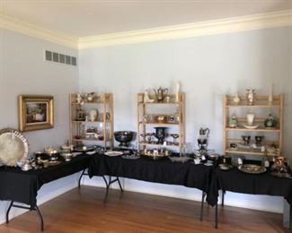 Sitting Room:  A large 21" round silver-plate tray is near a set of HUMMEL monks (creamer and sugar on a tray); silver-plate bowls/water pitchers/champagne bucket; figures; LENOX; and more! 