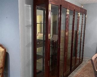 Mahogany Eclectic Wood & glass mirrored China Cabinets, 3 pieces with Brass handle accents. 