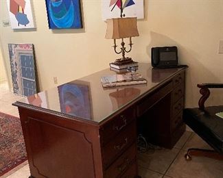 Wooden executive desk with glass top & matching credenza. 
