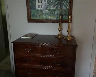 Wood chest, brass candlesticks, Original Art