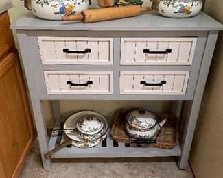 Wooden kitchen 4 drawer farmhouse sideboard, vintage cookware, 