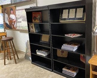 3 wood bookshelves, stool, vintage records, original paintings