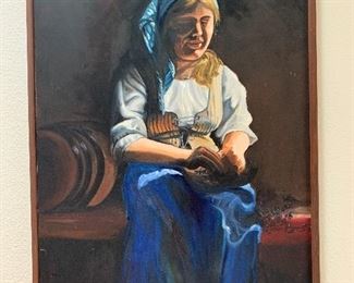 Oil painting portrait of needleworker by Gail Prevatt.  Framed size is 24 x 36 inches. Valued at $350.