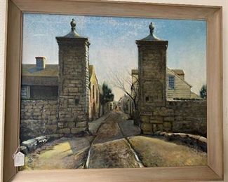 Oil painting of Old City Gates in St. Augustine, Fl at the entrance of St. George Street by artist William Stout.  Size is 26 x 32. Valued at $800.