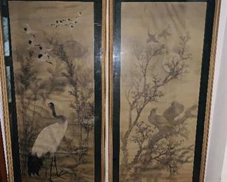 Chinese paintings on silk, one panel depicting stork and the other panel depicting water fowl.  Acquired from the estate of US Senator Everett Dickson.  The panels were presented to him my Chinese officials when he served as US Ambassador to China. Each panel is 17 x 42 inches. Valued at $7,000 for the pair.