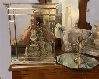 Mirror cabinet. Stunning. Stand up or wall mount with beveled and etched glass mirror cabinet.  Art nouveau style.  lovely shape; spectacular display piece. If interested have an octagonal beveled mirror tray that would be perfect for a decanter and crystal glasses as an accent.