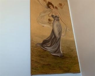 1 of a kind, custom made for family 1800s large wall hanging/tapestry, hand painted on wool “Painted Lady”   Angels adorn her 
   Elegant, marvelous family estate piece from family's former Georgia plantation.
