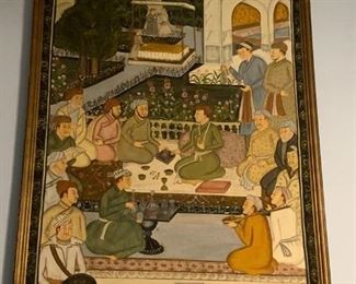 1 of a kind. Huge painting on fabric, framed.  Based upon  an Indian Mughal Peshawar miniature painting: ‘A young prince with sages in a garden’ inscribed “the work of Bichitr”  ca 1630..  from the Minto album