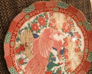 china: pattern is Imari Peacock, by Arita, made in Japan. Stunning fine china,  gold guilt edges and accents, hand decorated
 Have dinner plates, luncheon , bread and butter, cups, saucers, and Bowls small + large.   Gotta itemize # of each