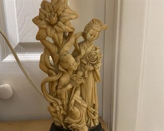 antique Oriental small table lamp. Hand carved stone. 2 ladies and flower motif.  Exquisite detail front and back.           Don’t like my lampshade? You can use another one, as long as it one that you put on top of the lamp and then put the bulb in by where the lampshade is. Rectangular Base may be stone (cold touch) or heavily laquered wood. 

No research will give me anything like it, so will be pricey based on similar items found after 3 hr research. 
