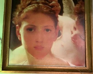 Graphics were used as advertisements throughout the city when New Orleans Museum of Art  had an exhibit.  We have one full graphic and one we cut down and framed.  Dimensions below are for gold gilt framed one.  Other is much larger but not framed. 

Bouguereau, William-Adolphe
Whisperings of Love
1889

51” wide by 49” wide by 4” deep
