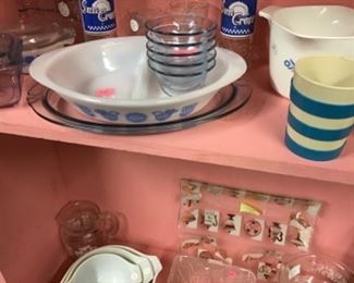 Pyrex, melamine, etc. bird casserole just sold & melamine striped mugs sold