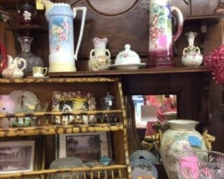 Large furniture buffet or entry piece with marble top, porcelain, old glass, Florida art