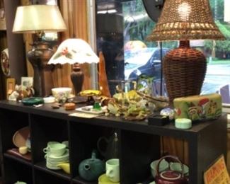 Variety of Russel Wright dishes , various flower frogs, garden decor, lamps