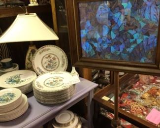 Butterfly wings framed, Wedgwood “kutani crane” & Royal Doulton “Everglades” dishes