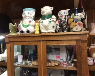 Cookie jars. Various McCoy, case of perfume bottles, rhinestone jewelry,etc