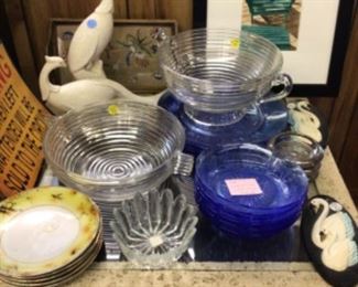 Manhattan & American blue Glass, porcelain, silver rim coasters, original watercolor