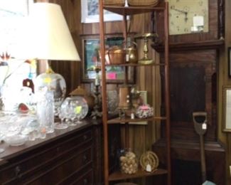 Grandfather clock, open corner shelf, native etc baskets