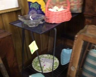 Blue glass top mid century table, baskets, Miami Beach American legion decanter