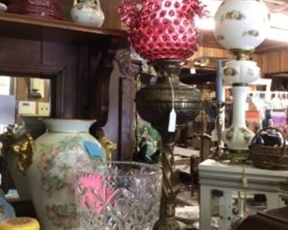Antique lanterns and lamps, pretty glass & porcelain