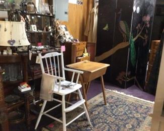 Vintage high chair artist hand painted, old child's desk with ink well hole, large artist painted room screen, area rug