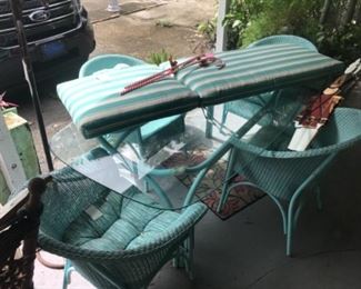 Glass top patio set, vintage Christmas yard candy canes, chaise lounge high end cushion