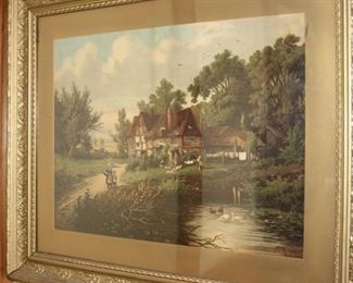 Country farm house and pond scene.