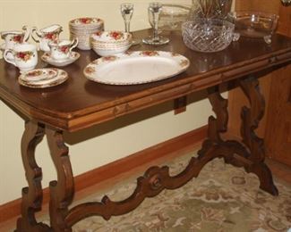 Entry/hall table. Extra pieces of Royal Albert "Old Country Rose" bone china pieces and crystal bowls.